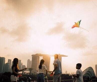 A family flying a kite